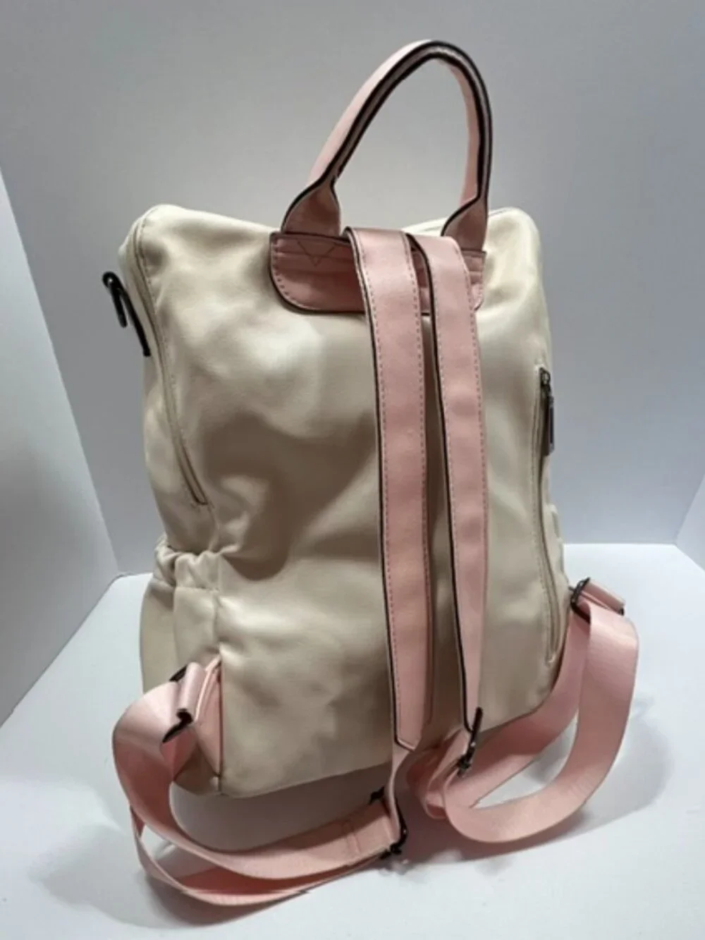 Cluci Cream/Pink w/Floral Front-Pocket Vegan Leather Backpack EUC